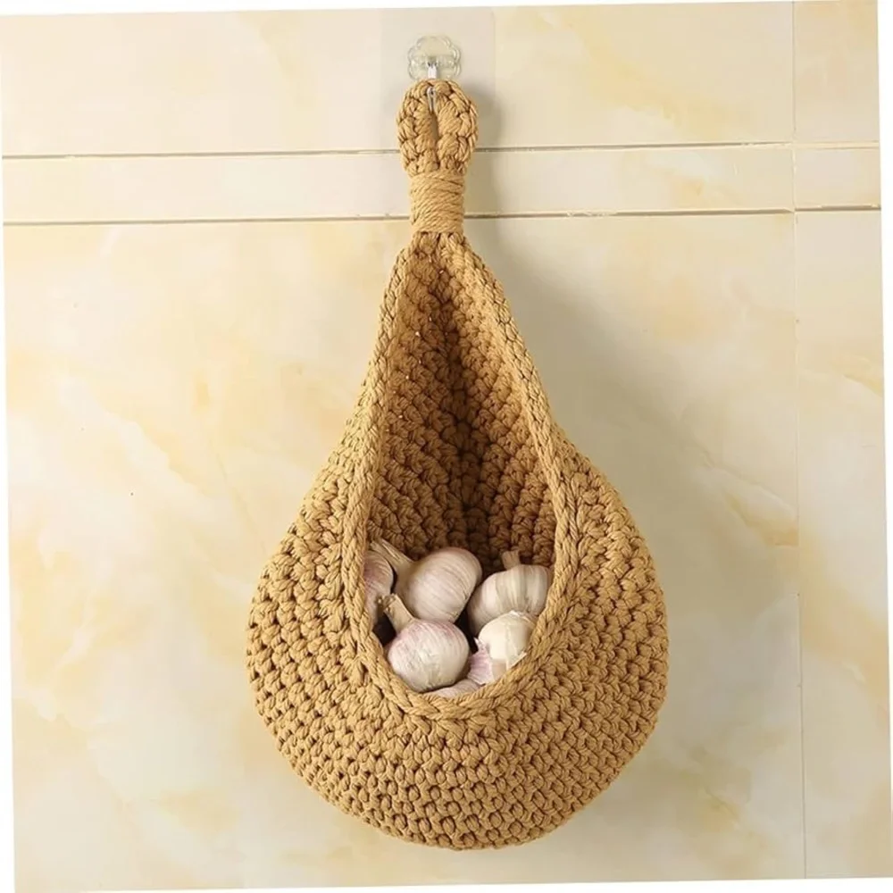 Hand Woven Crochet Boho Style Drop Hanging Fruit Basket Size 11” x 11”